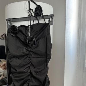 Vintage black flower appliqué dress with wrap around neck